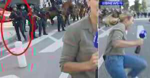 A news reporter recoils in pain on a city street as police in riot gear and mounted officers stand in the background; the reporter holds a 9News microphone.